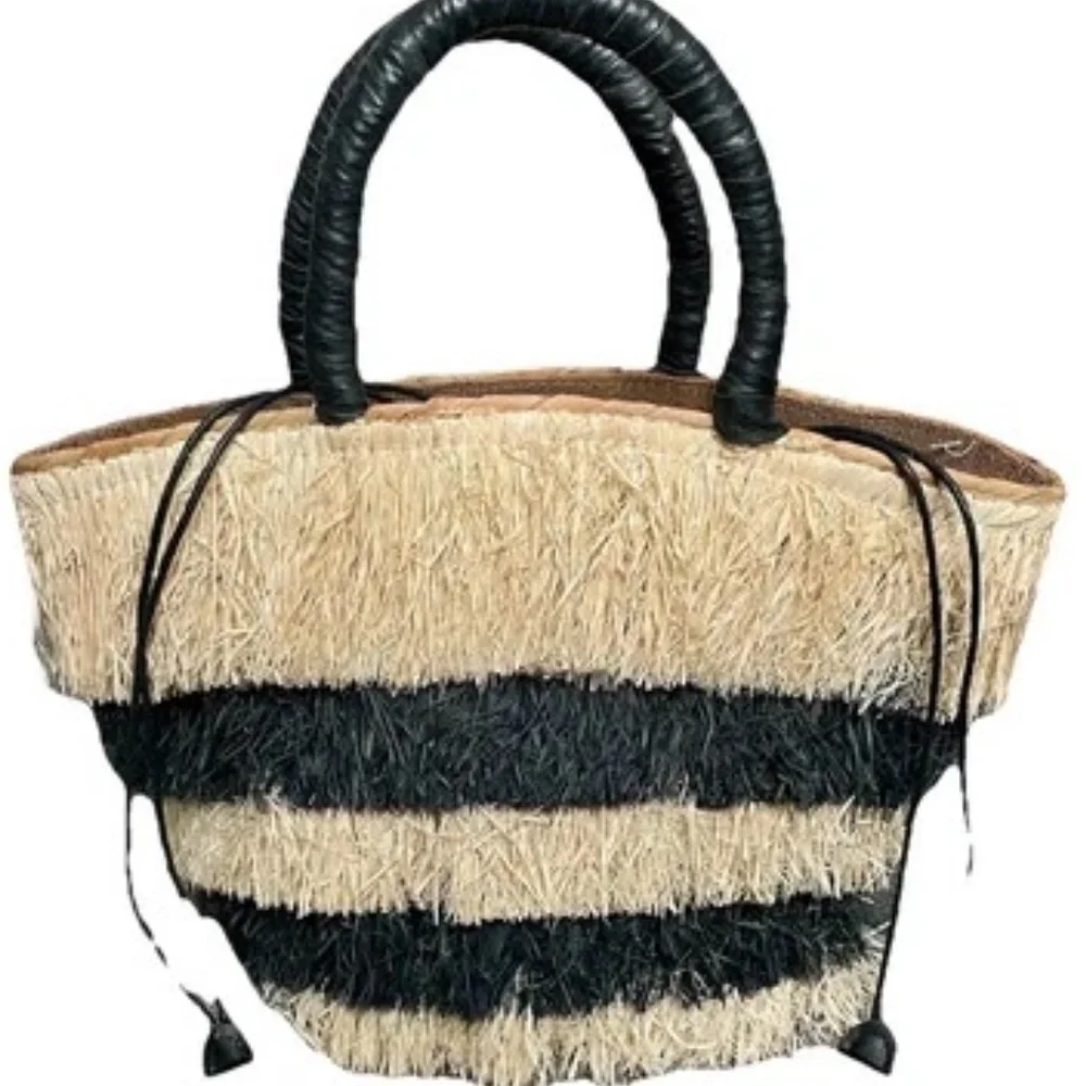 Kayu Two-Tone Straw Mini Tote With Drawstring Closure Natural Black Stripe Bag_2